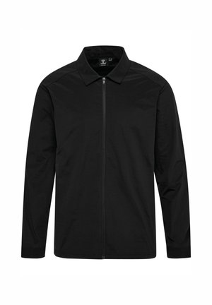 Zwarte lange mouwen jas met een kraag en een ritssluiting aan de voorkant, afgebeeld tegen een witte achtergrond.
