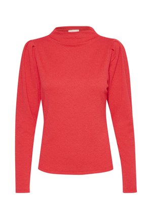 Rode longsleeve top met hoge hals en gatherdetails op de schouders, gemaakt van een gestructureerde stof. Strakke pasvorm met een gladde afwerking.