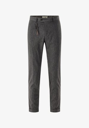 Gray, textured trousers with a tapered fit, cuffed hems, and a drawstring detail. Made from a lightweight fabric, designed for comfort.