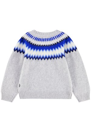 Gray knitted sweater with a round neckline, featuring a zigzag pattern in blue, black, and white at the shoulders and ribbed cuffs.