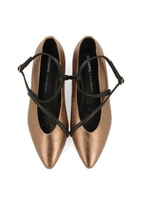 Bailarinas metálicas de bronce con punta afilada y detalle de tira negra. Textura suave con un acabado brillante, que cuentan con una plantilla acolchada.