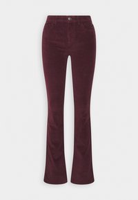 Burgundy corduroy flared pants with a button closure, five pockets, and textured vertical ribbing, accentuating the leg shape.