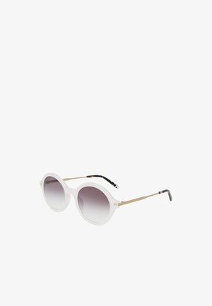 White plastic sunglasses with gradient gray lenses, round shape, gold metal temples, and black-accented arms.