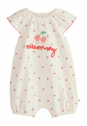 White baby romper with red cherry pattern, cap sleeves, and embroidered text "I love my mummy" with two cherries above the text.