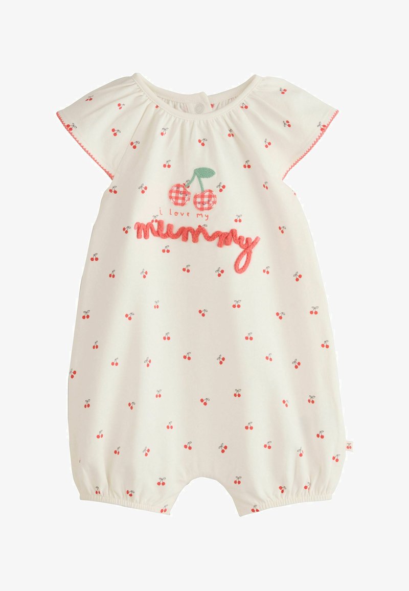 Tutina bianca per neonati con motivo di ciliegie rosse, maniche a cappuccio e testo ricamato "I love my mummy" con due ciliegie sopra il testo.