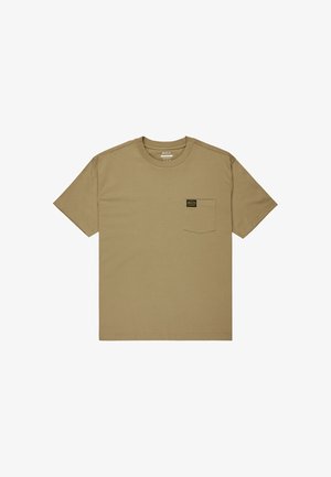 Tan short-sleeve T-shirt made of cotton, featuring a chest pocket with a black and yellow logo label. Simple, classic design.