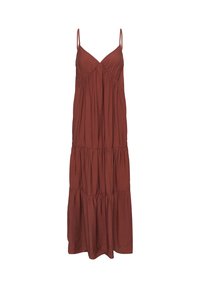 Robe maxi sans manches couleur rouille avec fines bretelles, encolure en V et sections froncées à volants pour une silhouette fluide.