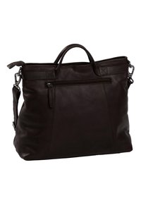 Borsa a tracolla in pelle marrone con due manici, tracolla regolabile e tasca esterna con zip. Texture liscia con una leggera lucentezza.