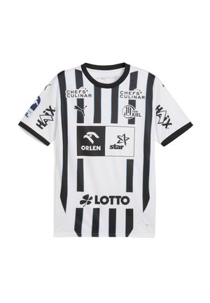 Witte sporttrui met zwarte verticale strepen, zwarte kraag en verschillende logo's in zwart en blauw op de voorkant en mouwen.