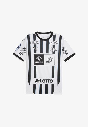 Maillot de sport blanc avec des rayures verticales noires, un col noir, et divers logos en noir et bleu à l'avant et sur les manches.