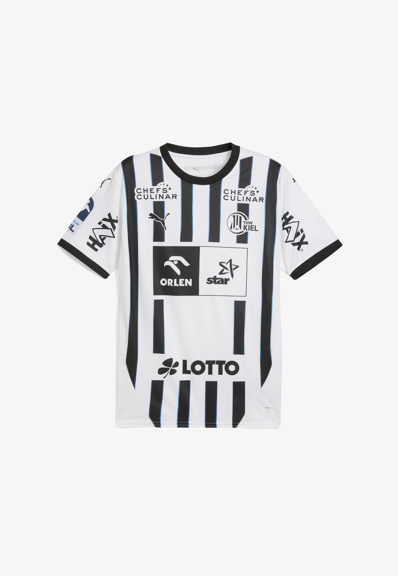 Valkoinen urheilupaita, jossa on mustia pystyraitoja, musta kaulus ja erilaisia mustia ja sinisiä logoja edessä ja hihoissa.