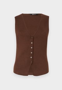 Gilet en tricot marron avec un décolleté en V et six boutons sur le devant. Sans manches, avec un ourlet légèrement arrondi en bas.