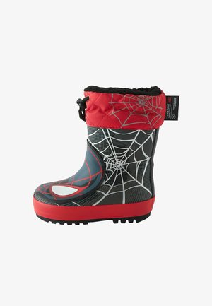Red and black waterproof rubber boot with spider web pattern, quilted cuff, and black fuzzy lining; designed for cold and wet conditions.