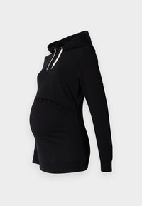 Svart graviditetströja i mjukt tyg, med en cinchad nederdel, dragsko på huvan och en kortad design som passar en växande mage.