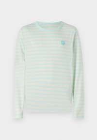 Long-sleeve, light blue and cream striped t-shirt in soft fabric, featuring a small flower logo on the chest, round neckline, and relaxed fit.
