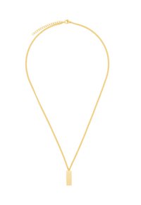 Goldfarbige Kettenhalskette mit einem rechteckigen Anhänger. Die Kette hat kleine Glieder, und der Anhänger hat eine glatte, glänzende Oberfläche.