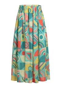 Multicolore midi rok met een geplooide tailleband. Kenmerkt zich door geometrische patronen in teal, koraal, geel en wit op lichtgewicht stof.