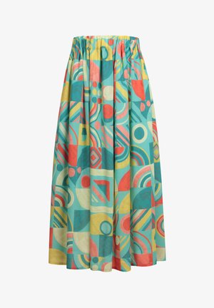 Multicolored midi skirt with a gathered waistband. Features geometric patterns in teal, coral, yellow, and white on lightweight fabric.