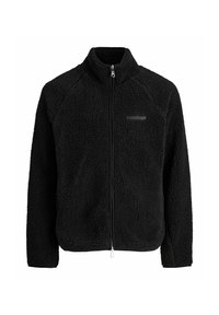 Chaqueta de forro polar negra con cuello alto, cierre de cremallera completa, mangas raglán y una superficie texturizada. Presenta un sutil logo en el pecho.