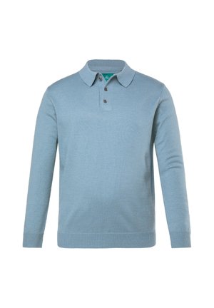 Svetle modrá pánská polokošile s dlouhým rukávem vyrobená z texturované pleteniny. Vlastnosti zahrnují klasický límec, tři hnědé knoflíky a standardní střih.