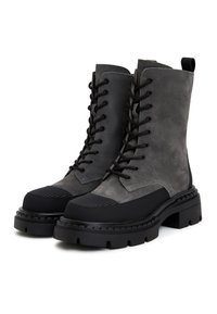 Gray leather ankle boots with black rubber sole, lace-up design, textured upper, and ribbed accents on toe. Features a pull tab for easy wear.