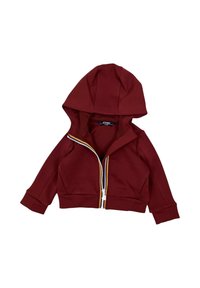 Felpa con zip color bordeaux con cappuccio, dotata di polsini a coste ezip con dettagli colorati. Realizzata in tessuto morbido.