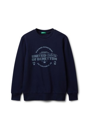 Felpa a maniche lunghe blu navy con collo a giro e polsini a coste, caratterizzata dal testo e dal logo "United Colors of Benetton" in azzurro chiaro sul davanti.