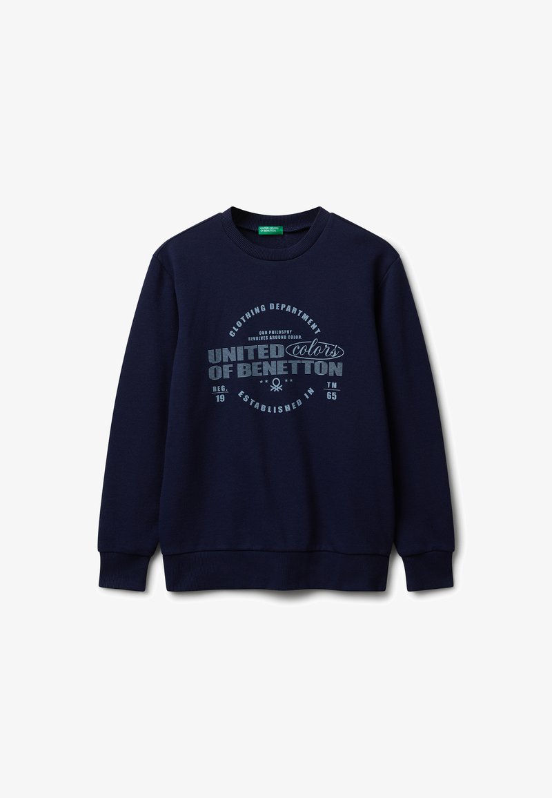 Felpa a maniche lunghe blu navy con collo a giro e polsini a coste, caratterizzata dal testo e dal logo "United Colors of Benetton" in azzurro chiaro sul davanti.