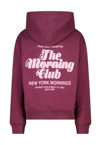 Bordeaux huppari, jossa on etupainatuksena valkoiset tekstit "The Morning Club" ja "New York Mornings." Pehmeää materiaalia, jossa on rento malli.