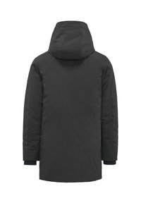 Cappotto imbottito nero con cappuccio staccabile, maniche lunghe e polsini a coste. Texture liscia con un taglio dritto e senza hardware o motivi visibili.