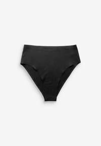 Fekete, magasan szabott bikini alsó. Simafalú anyag, teljes fedettségű kialakítás, varrat nélküli szélek, és látható fémrész vagy mintázat nélkül.