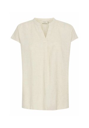 Top corto a maniche corte di colore beige chiaro, realizzato in lino, con colletto a risvolto e una vestibilità morbida. Finitura testurizzata con sottili fibre naturali visibili.