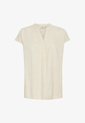 Lys beige kortærmet top lavet af hør, med en sømkantkrave og en afslappet pasform. Tekstureret finish med subtile naturlige fibre synlige.