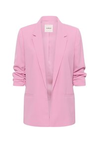 Blazer rosa hecho de una tela ligera con una textura suave. Cuenta con mangas largas con puños fruncidos y bolsillos laterales. Diseño de abertura frontal.