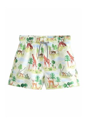 Shorts de bain avec taille à cordon dans un tissu léger, ornés d'un motif de jungle vibrant avec des girafes et des antilopes sur un fond vert.