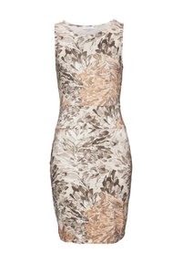 Enganliegendes, ärmelloses Kleid mit einem Blumenmuster in Beige, Braun und sanften Orangetönen. Glatter Stoff mit rundem Ausschnitt.