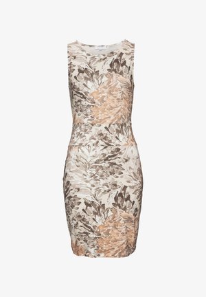 Enganliegendes, ärmelloses Kleid mit einem Blumenmuster in Beige, Braun und sanften Orangetönen. Glatter Stoff mit rundem Ausschnitt.