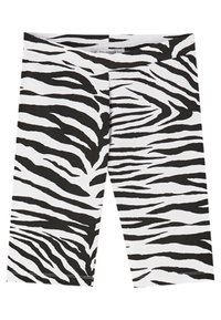 Zwart-witte zebra-print legging met een gladde textuur, elastische tailleband en knielengte ontwerp. Ideaal voor casual draag of actieve gebruik.