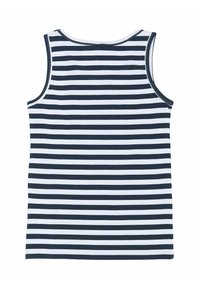 Mörkblå och vit randig linne med rund halsringning och ärmlös design. Tillverkad av mjukt bomullstyg, med jämna ränder genom hela.