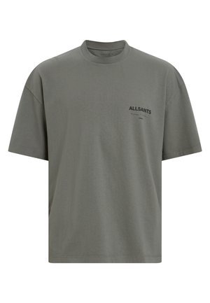 Gray cotton short-sleeve t-shirt with a round neckline and a small black printed logo on the left chest area. Relaxed fit and smooth texture.