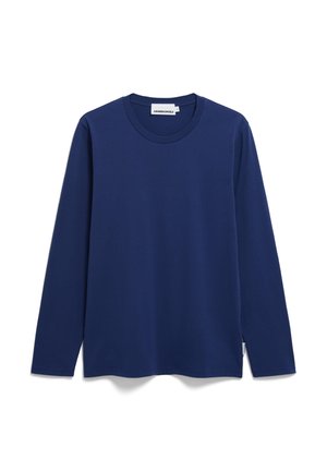 Marineblauwe long sleeve t-shirt van katoen met een ronde hals en een rechte snit. Bevat een logolabel aan de zijnaad. Gelijke textuur.