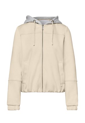 Beige Reißverschlussjacke mit grauer Kapuze, Kordelzug, langen Ärmeln, Seitentaschen sowie elastischen Bündchen und Saum.