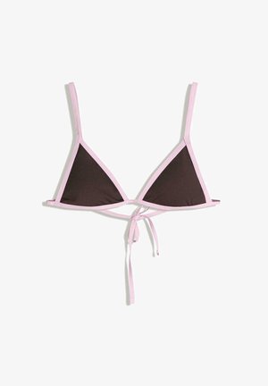 Brązowy trójkątny top bikini z różowymi akcentami i wiązaniem z tyłu. Posiada cienkie ramiączka i prosty design.