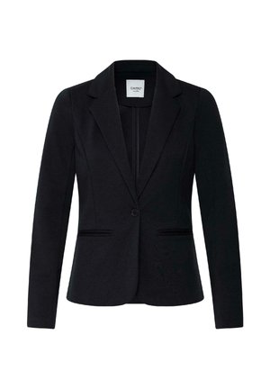 Schwarzer, maßgeschneiderter Ein-Knopf-Blazer mit Reverskragen, langen Ärmeln und zwei Paspeltaschen vorne.