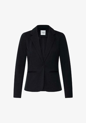 Schwarzer, maßgeschneiderter Ein-Knopf-Blazer mit Reverskragen, langen Ärmeln und zwei Paspeltaschen vorne.