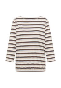 Chemise à manches longues avec des rayures horizontales marron, beige, blanches et bleu clair, col rond et ourlet élastique.