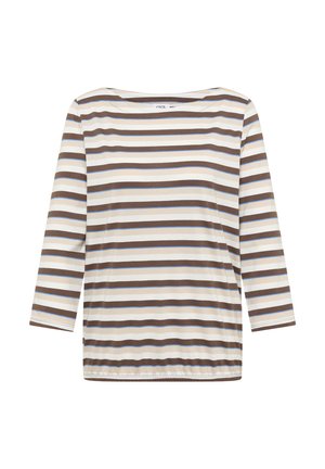 Pitkähihainen paita, jossa on ruskeat, beige, valkoiset ja vaaleansiniset vaakaraitoja, pyöreä kaula-aukko ja joustava helma.