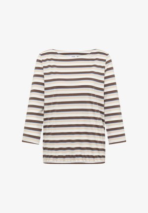 Chemise à manches longues avec des rayures horizontales marron, beige, blanches et bleu clair, col rond et ourlet élastique.