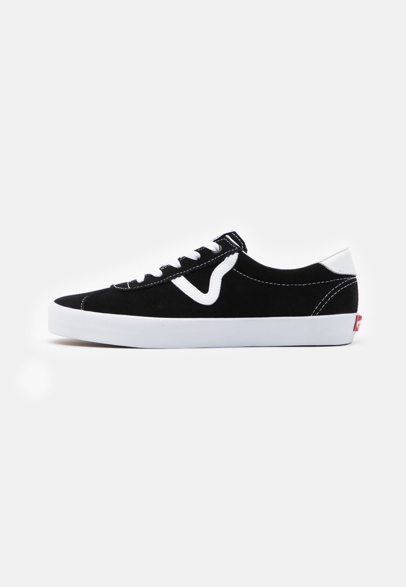Black suede sneakers with white accents, rounded toe, white rubber sole, and black laces. Notable side logo detail in white stitching.