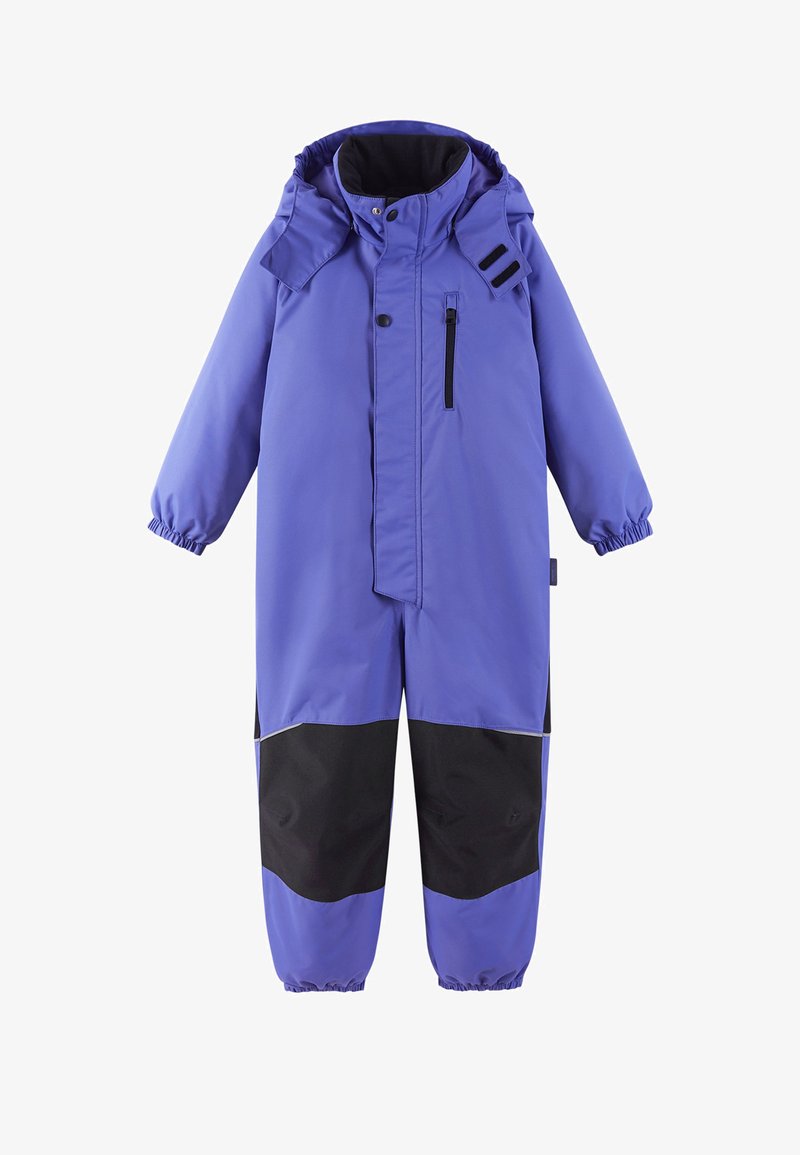 Violets ūdensizturīgs snowsuit ar rāvējslēdzēju, elastīgām piedurknēm un melniem akcentiem uz kājām. Iekļauj noņemamu kapuci un priekšējo kabatu.